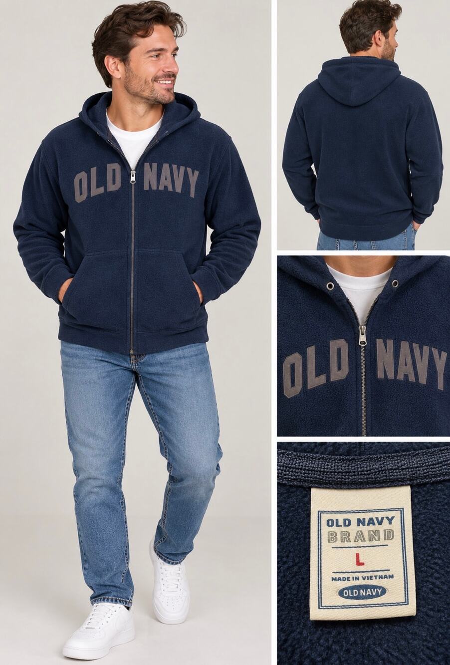Old Navy Men’s Large Navy Blue Fleece Full Zip Hoodie Logo Y2K Casual
